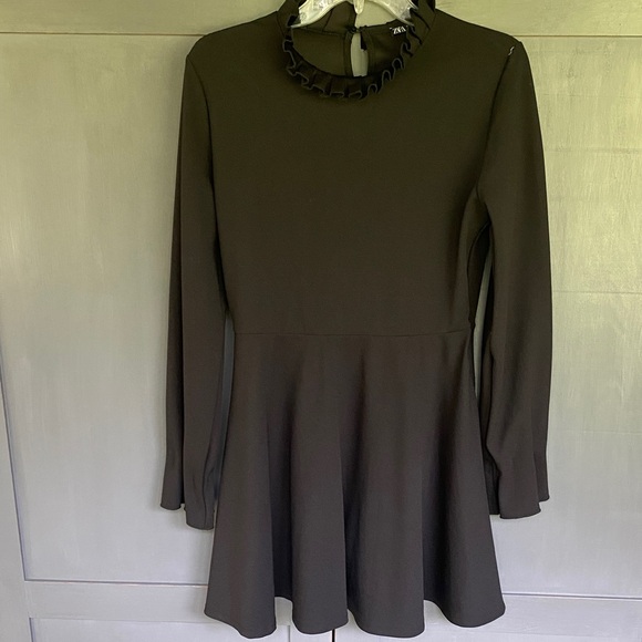 Zara Black Long Sleeve Dress with Ruffled Neckline medium - Picture 1 of 3